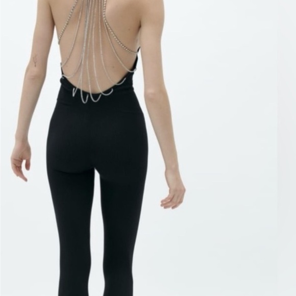 New ! Zara M/L rhinestone strappy ribbed stretchy jumpsuit. - Picture 2 of 16